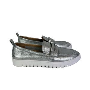 Vionic Uptown Lug Sole Penny Loafer Slip on Comfort Shoe Metal Silver Leather 11
